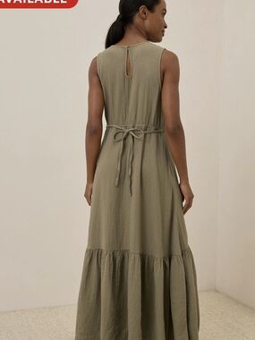 Sleeveless Olive Maxi Dress with Tie Waist
